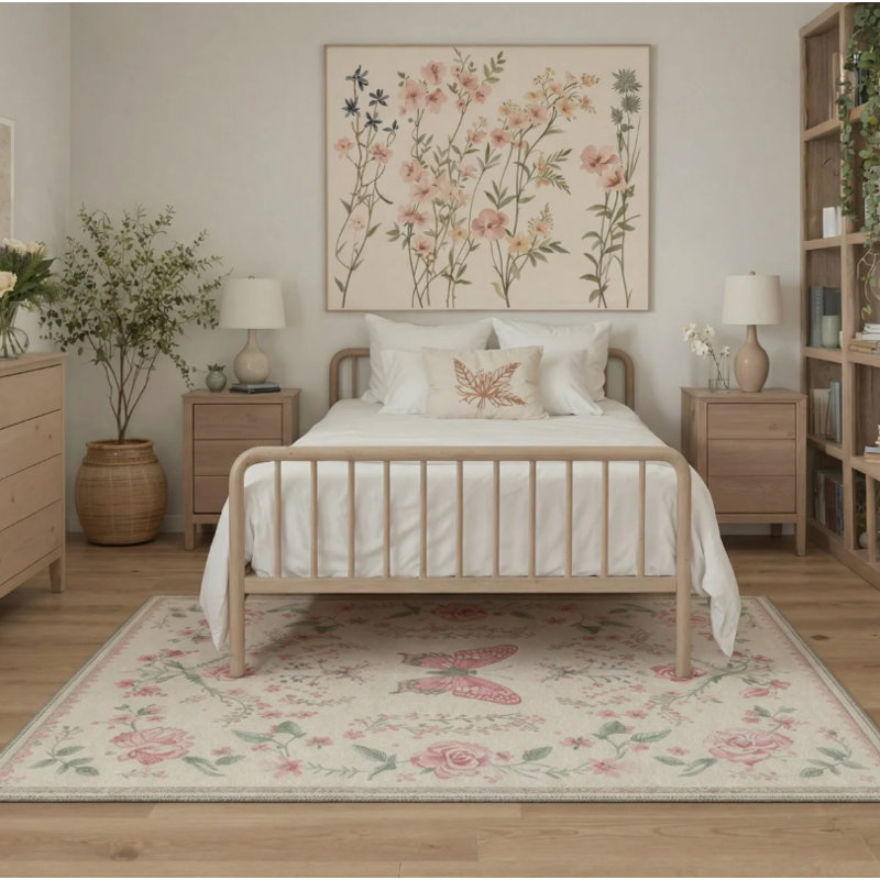Tapis vintage à motifs floraux et papillons, lavable à la machine, rose poudré et vert pâle, antidérapant, pour salon ou chambre.