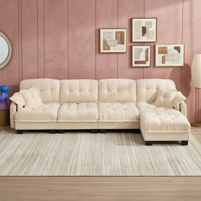 Chenille Upholstered Sofa with Tufted Cushions, Pom-Pom Trim, Matching Pillows and Movable Ottoman