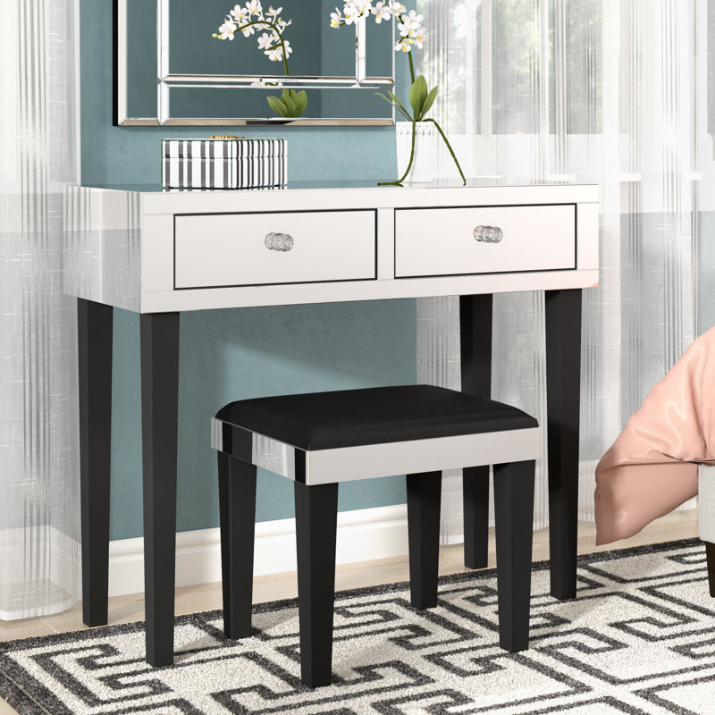 Coiffeuse de maquillage avec tabouret de coin 2 tiroirs Amaris, Noir