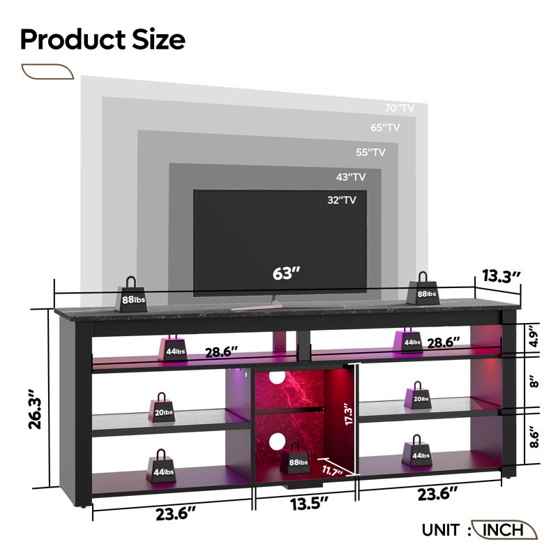 Inzel 63" TV Console for 70 inch TV, Tall TV Stand with Led, Media Console with Adjustable Storage Shelves, Black Marble