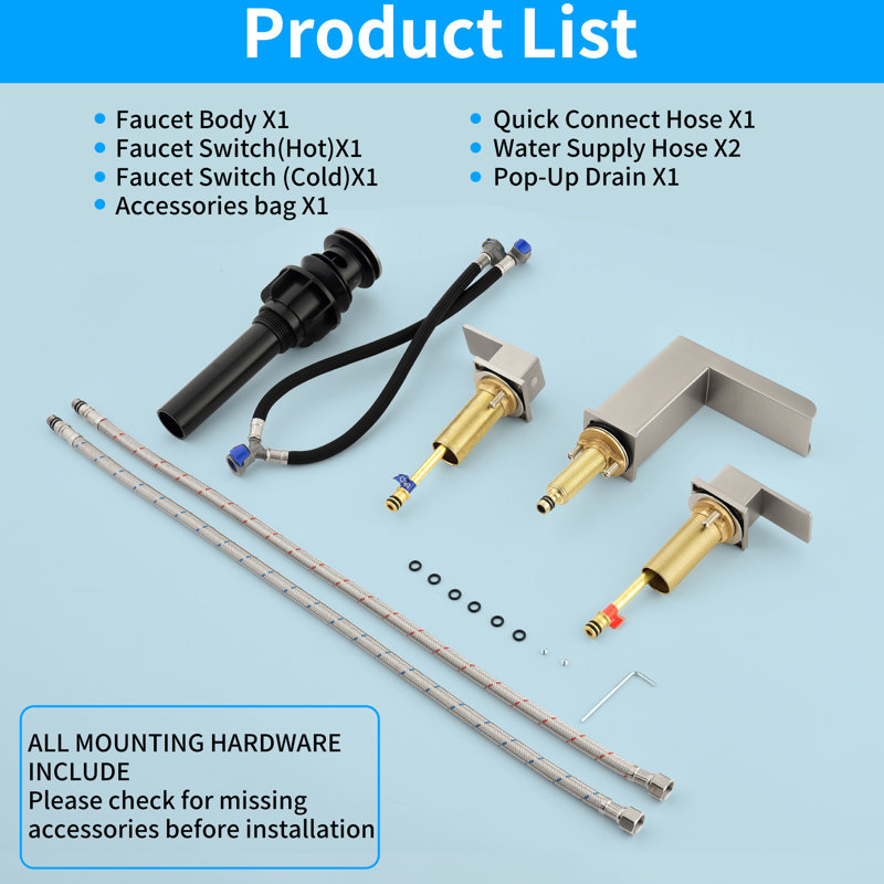 Waterfall 8 In. Widespread Double-Handle Bathroom Faucet Set 3-Holes Vanity Sink With Metal Drain, Brushed Nickel
