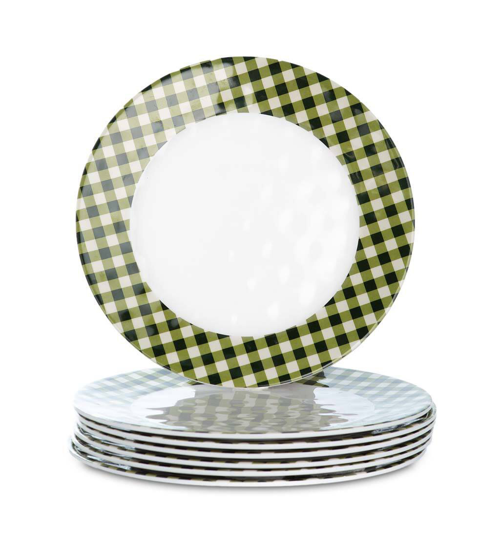 Plow & Hearth Moss Gingham Melamine Dinner Plates Set | Wayfair