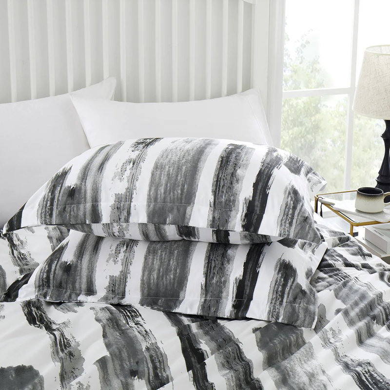 Soft Microfiber Printed Duvet Cover Set with Pillowcases, Super King Duvet Cover + 2 Standard Pillowcases, Grey Stripe
