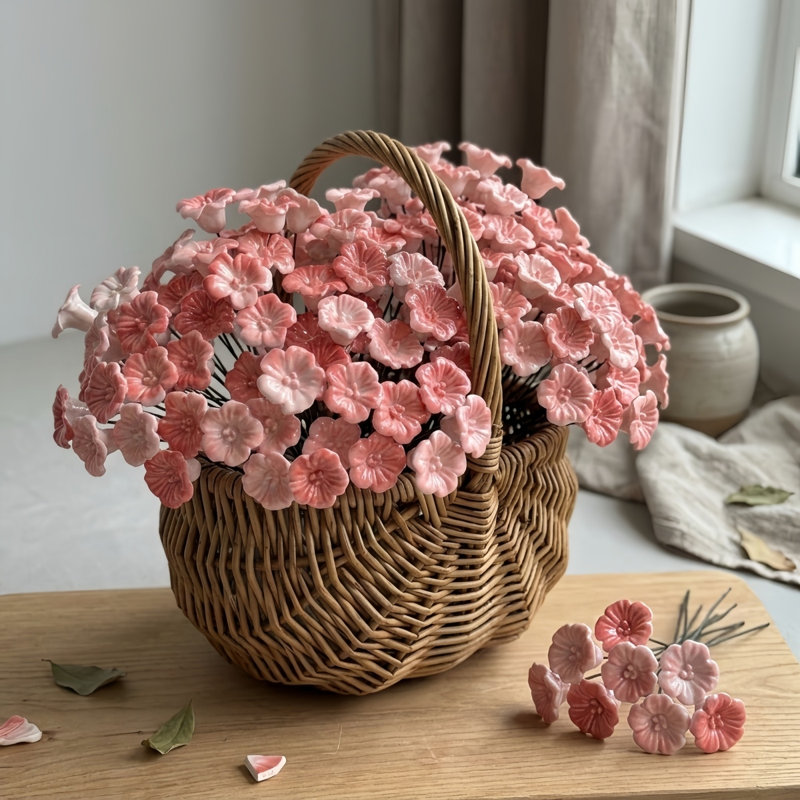 Set of 10 Handmade Ceramic Flowers, Porcelain Artificial Flower Leaf, Eternal Flower Decoration