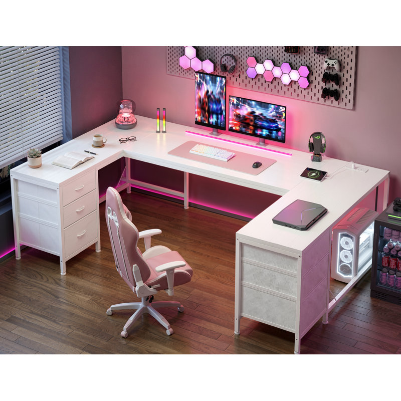 Bureau d'ordinateur en forme de U de 66,9 po avec 6 tiroirs en tissu et grand bureau, bureau d'ordinateur avec multiprise intégrée et bande lumineuse à DEL réglable, bureau robuste pour le bureau à domicile