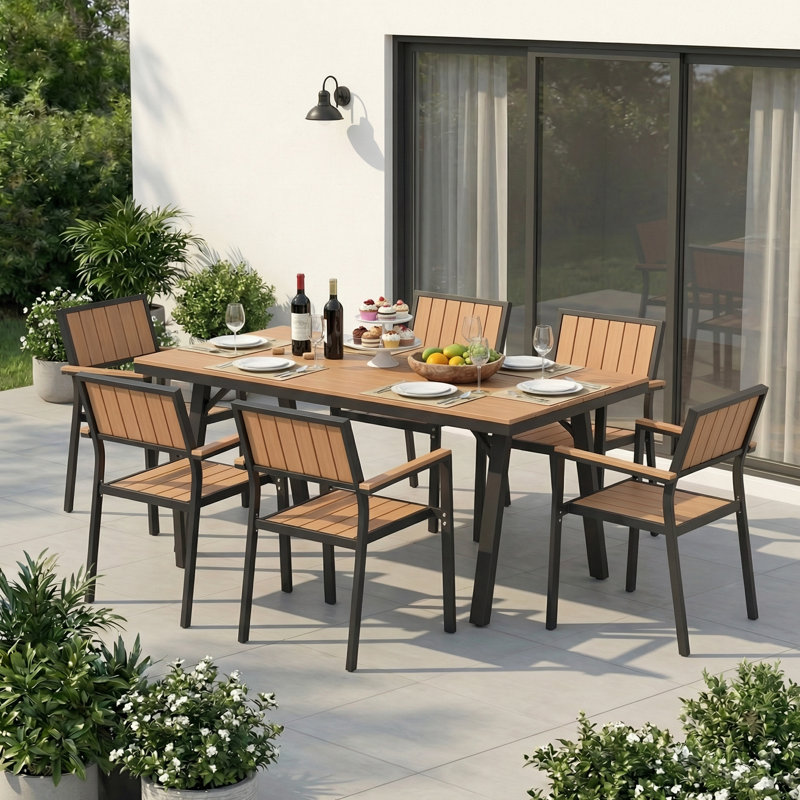 Chamblee Nika Outdoor 7-Piece Dining Set, Aluminum Alloy,Suitable For Patio Gatherings, 6, Teak