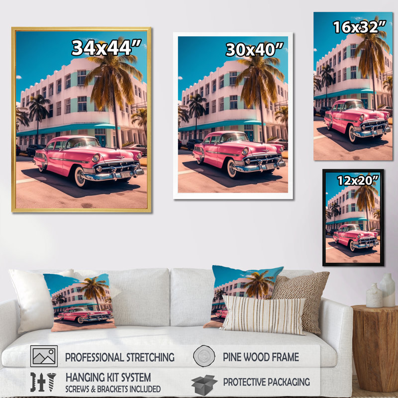 Miami Ocean Drive Pink Drive, reproduction d'art sur toile, Cadre photo noir, H 40 po x l 30 po x P 1,5 po