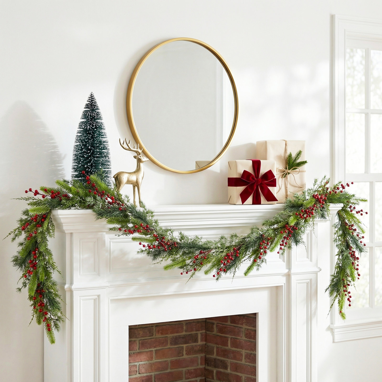 72" Faux Pine & Red Berry Garland