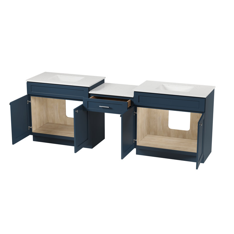 Meuble-lavabo double 96 po avec tiroir en bois massif et comptoir en quartz de Carrare, Bleu