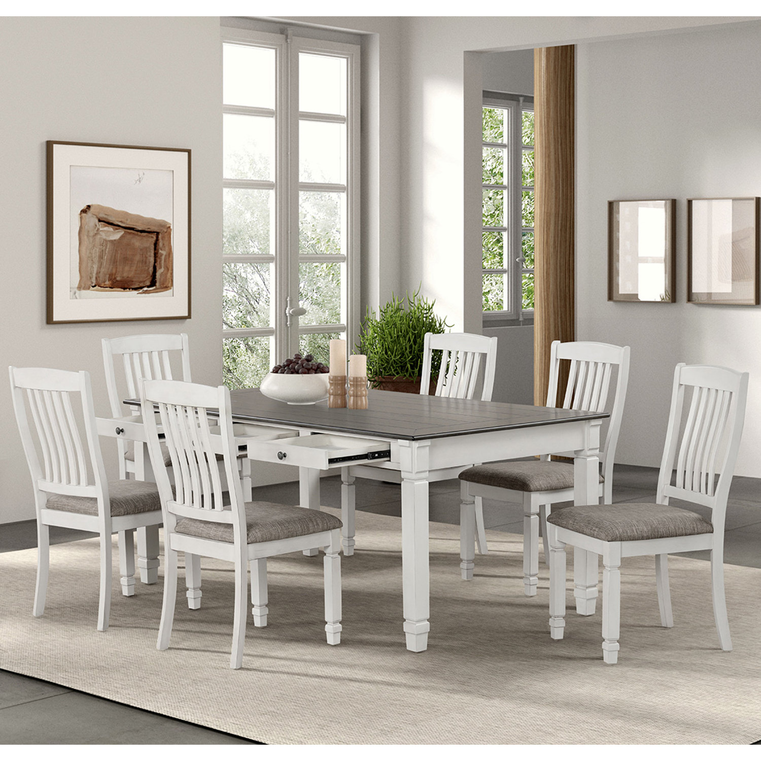 Rosalind Wheeler 7 Piece Wooden Dining Set With Slat Backrest Chair In ...