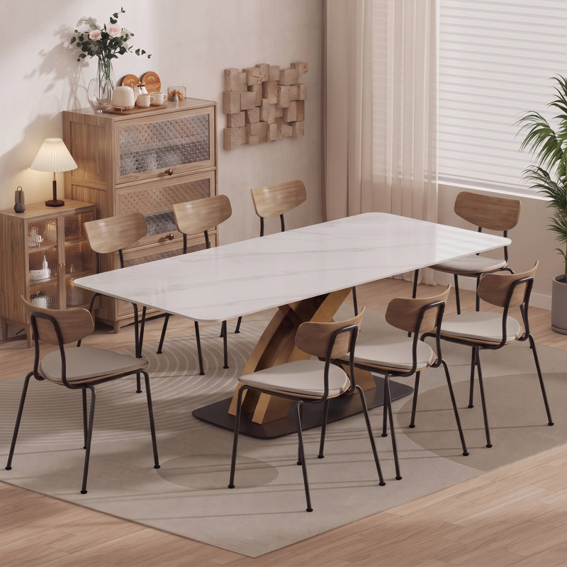71" Modern Rectangular Sintered Stone Dining Table with Stainless Steel X-Base, White Marble Vein Finish, Rounded Corners