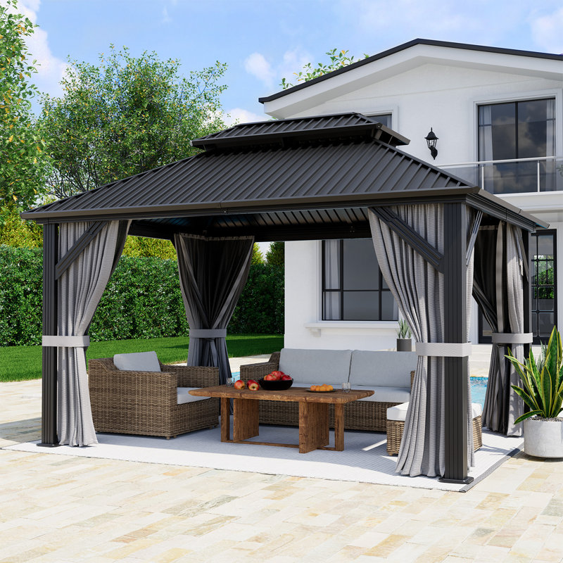 12 ft. W x 10 ft. D All-Weather Hardtop Gazebo with Heavy-Duty Double-Layered Galvanized Steel Roof and Reinforced Steel Frame, Gray 