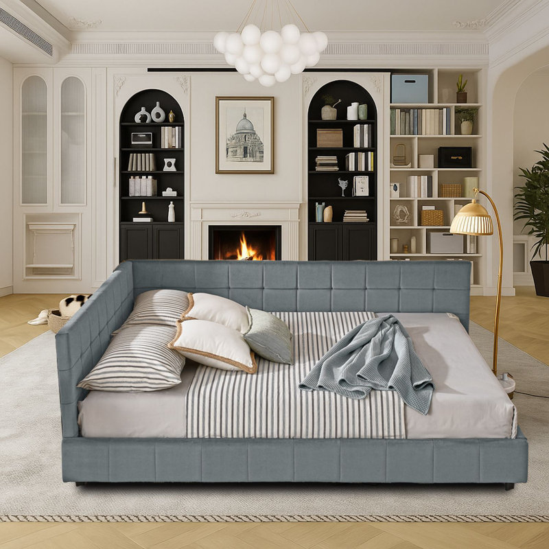 Lit de jour moderne rembourré avec dossier capitonné, taille grand, Gris