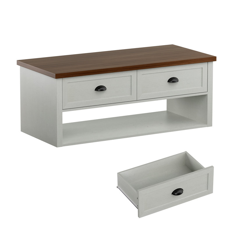 Farmhouse Coffee Table With 2 Drawers For Living Room,White, Brown Top/White Base