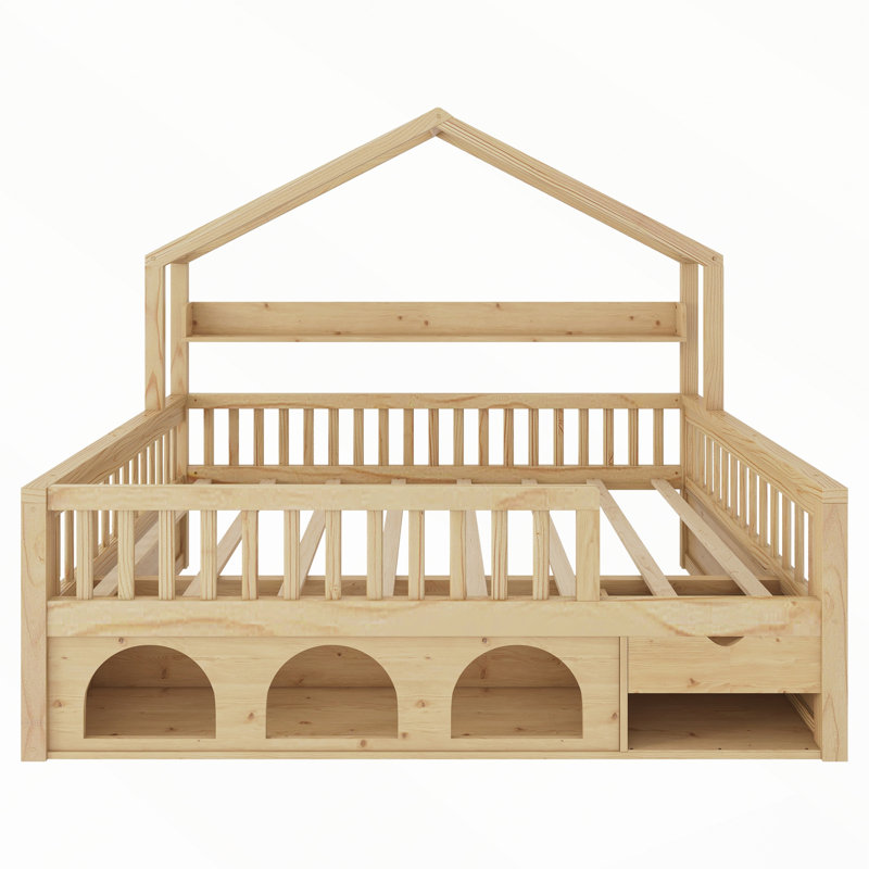 Cadre de lit cabane avec barrières de sécurité, rangement sous le lit et éclairage, Double, Naturel