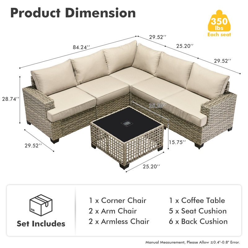 Wahkon Wicker/rattan 5 - Person Wicker Sectional Seating Group with Lighted Coffee Table, Modern Modular Outdoor Conversation Set with Cushions