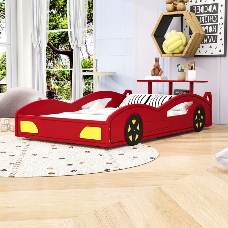Lit plateforme simple en forme de voiture avec lattes, Rouge jaune