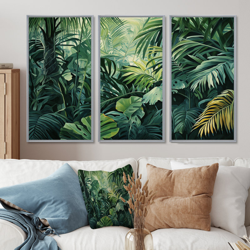 Jade, jungle épaisse, jungle de palmiers II, H 28 po x l 36 po, Encadrement argenté