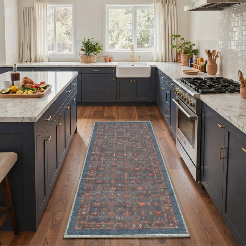 Veridian Geometric Floral Machine Washable Red / Blue Indoor Area Rug with Non-Slip Backing, Runner 2'3" x 6'