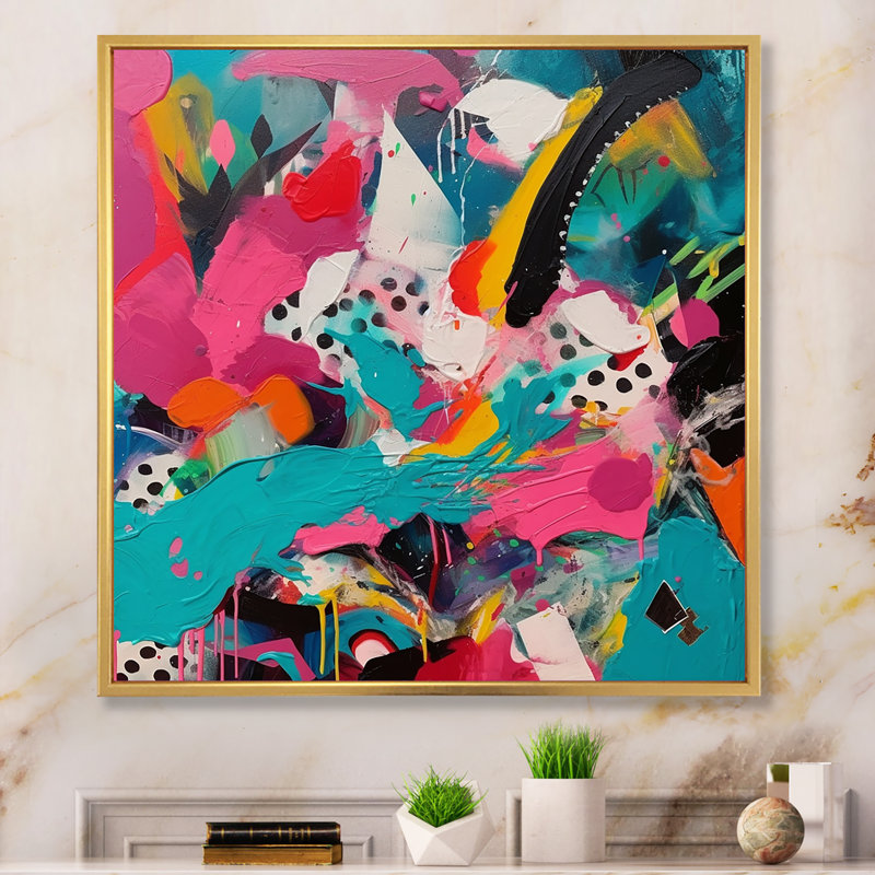 «Pink and Turquoise Abstract Enigma II», reproduction d'art sur toile, Cadre flottant doré, H 30 po x l 30 po x P 1 po