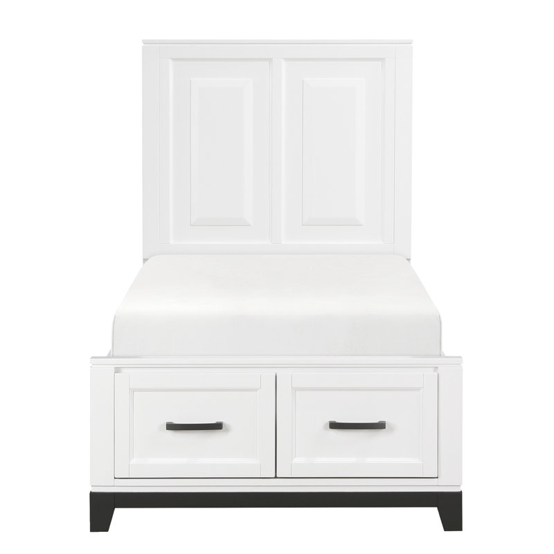 Lit plateforme simple avec finition brillante blanche et tiroirs de rangement rustiques