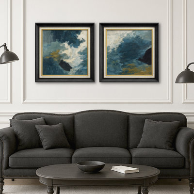 «Blue and White Abstract Ocean Motion», impression encadrée sur papier dans la chambre des maîtres, 2 pièces