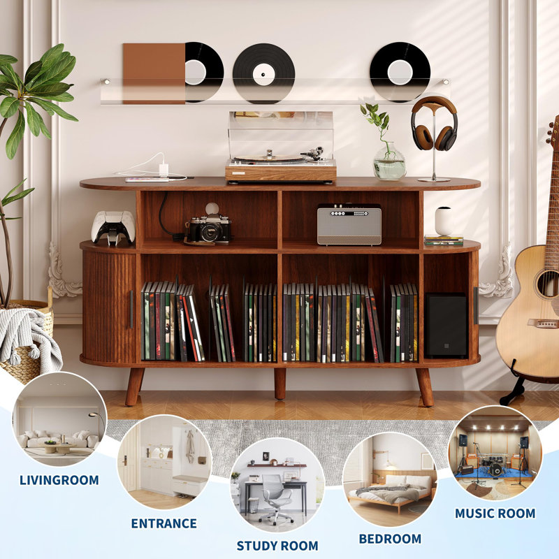 55" Vinyl Record Player Stand. Mid-Century Turntable Cabinet with Charging Station & USB Ports. Rustic Storage Console for 300+ . Open Shelves Media Center. Walnut Finish