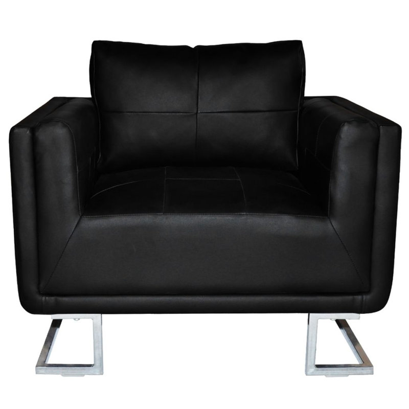 Fauteuil cubique avec pieds en cuir chromé, Match en cuir noir