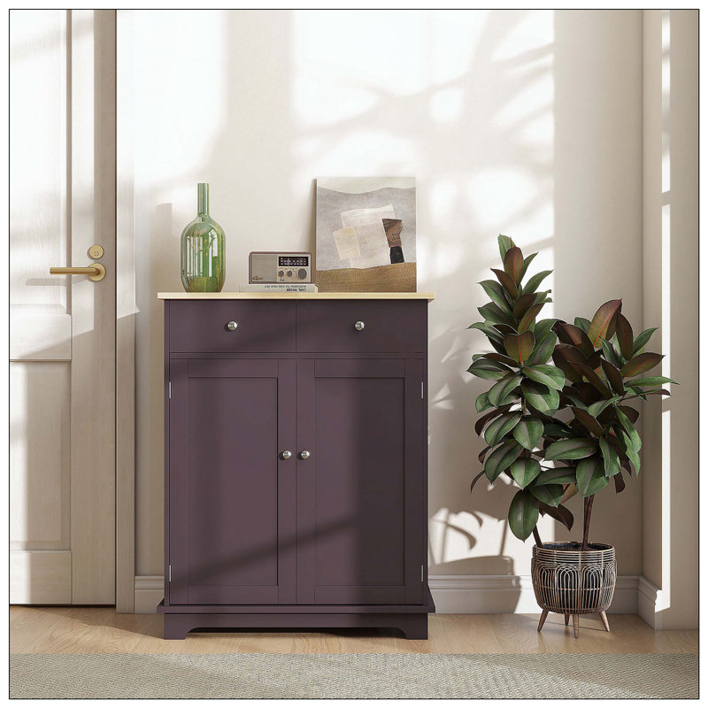 Buffet avec comptoir en bois massif, armoire de rangement de cuisine moderne, armoire à café avec 2 tiroirs, portes et tablette réglable
