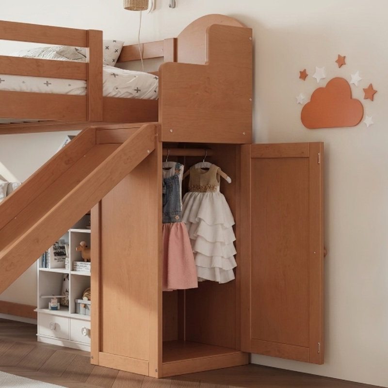 Lit mezzanine double en bois massif noyer avec glissade, escalier de rangement, armoire intégrée et barrière de sécurité pleine longueur pour enfants et adolescents