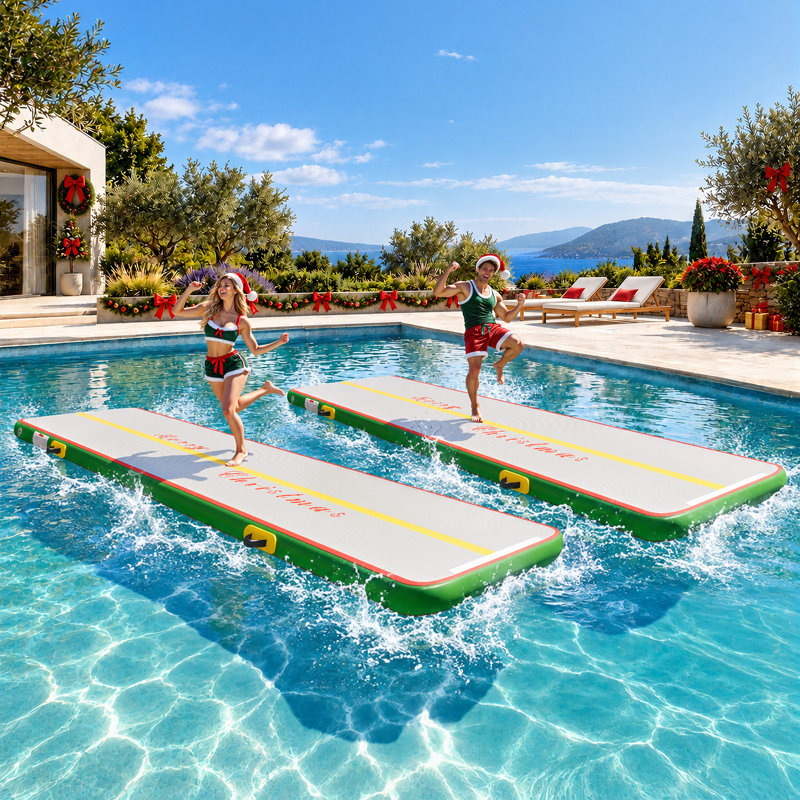 Balconera 16.4ft x 3.3ft x 4in Inflatable Gymnastics Mat, Christmas Red Green PVC Air Track with Electric Pump
