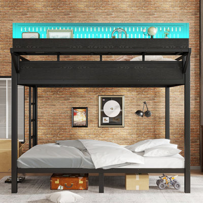 Lit superposé en métal très grand et très grand avec tablettes de rangement, panneau perforé, ports de chargement USB et lumières DEL, noir