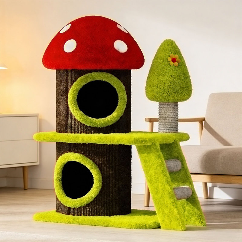 Tour à chat avec maison de chat à thème champignon et poteaux à griffer en sisal
