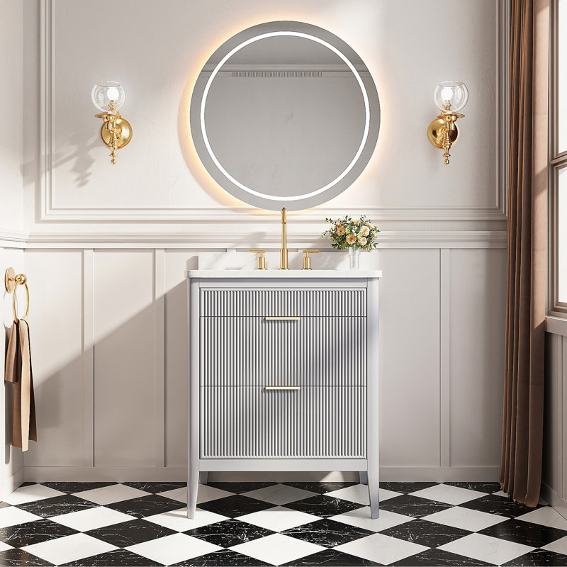 Ensemble de meuble-lavabo autoportant 30 po avec 2 ensembles de poignées et plateau en marbre d'ingénierie entièrement assemblé gris