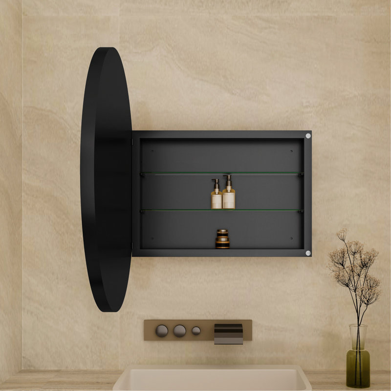 31.5 Inch Surface Mount Round Metal Framed Medicine Cabinet With Mirror And Adjustable Shelves Black Wall Mirror With Storage For Bathroom, Matte Black