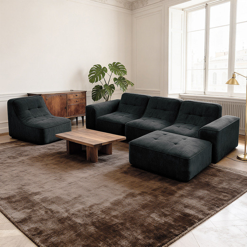 Canapé modulaire modulaire avec repose-pieds et méridienne amovibles, canapé capitonné profond, Chenille noir