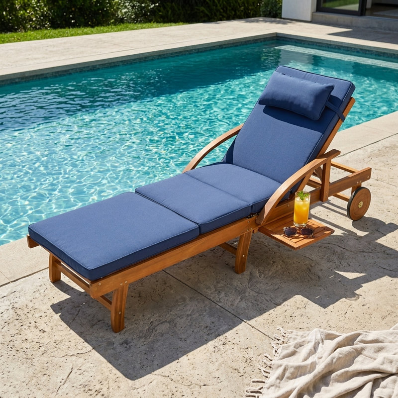 Chaise longue d'extérieur en bois d'acacia avec roues et plateau rétractable, Marine