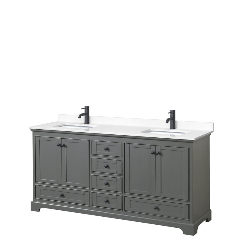 Deborah 72'' Double Bathroom Vanity with Marble Top, Dark Gray, White Cultured Marble, Black