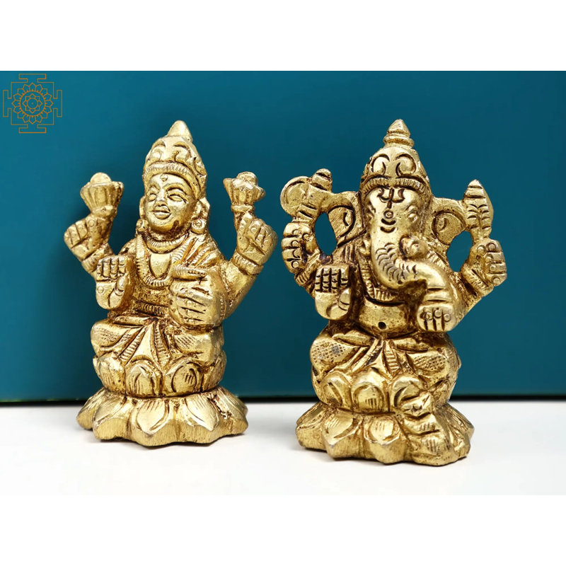 Statue de 2 po en laiton Ganesha et déesse Lakshmi - divinités indiennes fabriquées à la main, assis sur un Padmasana pour un autel spirituel