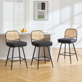 Upholstered Swivel Counter Stool With Rattan Backrest