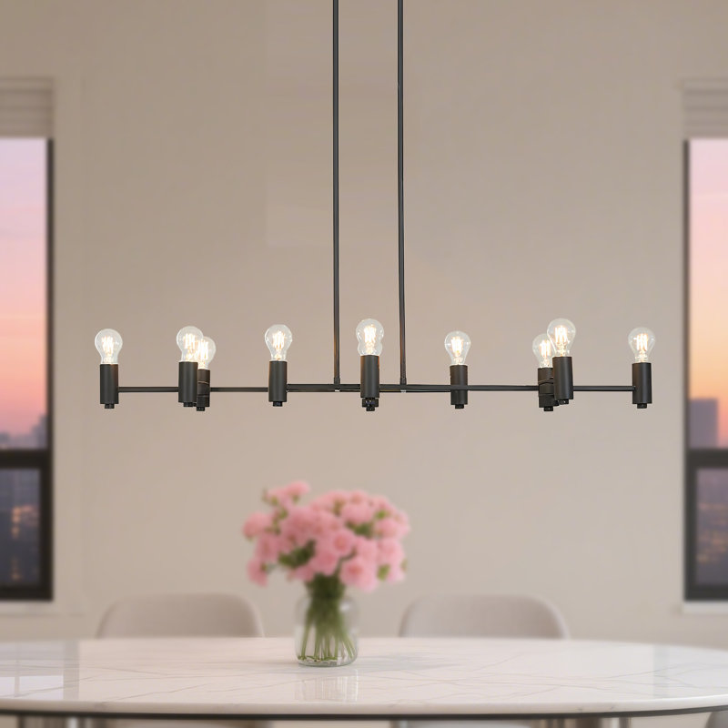 Modern 10-Light Matte Black Linear Chandelier for Dining & Kitchen
