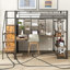 Lit mezzanine double en métal avec escalier de rangement et petite armoire, bureau intégré et tablettes de rangement-110657564