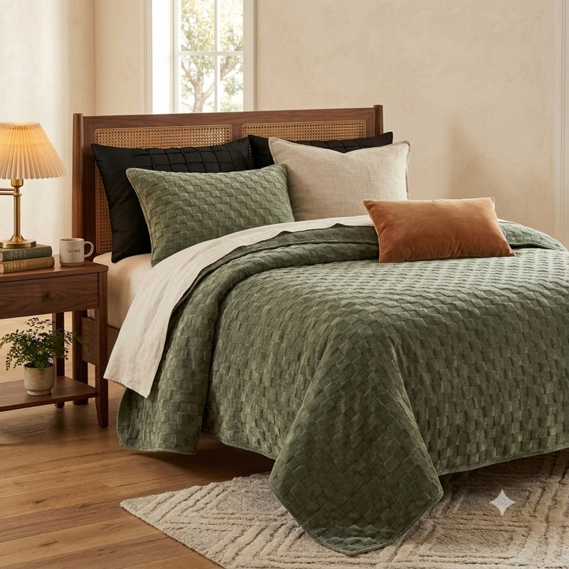 Couvre-lit en velours avec taies d'oreiller Zera MJ, Couvre-lit très grand + 2 taies d'oreiller très , Vert