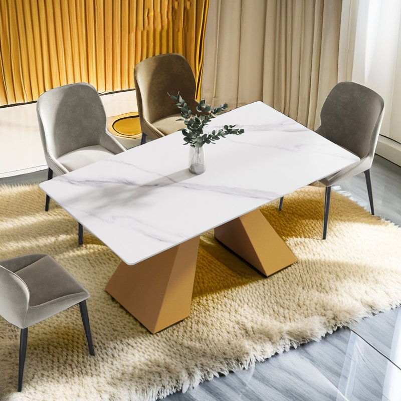 Modern White Marble Rectangular Dining Table with Gold Pedestal