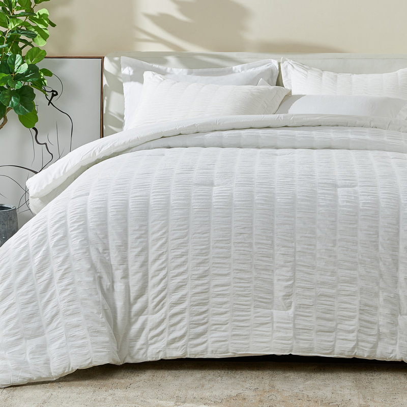 100% Cotton Puckered 3 Pc Reversible Comforter Set with Shams, Fresh White, King