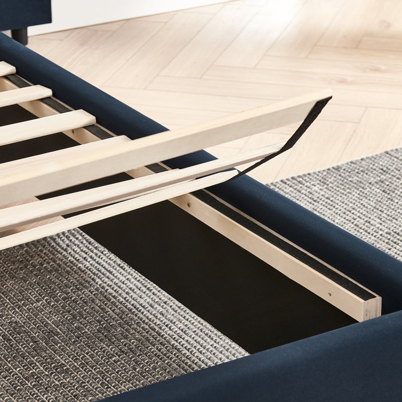 Lits rembourrés en velours moderne, grand lit bleu foncé avec tête de lit et table de chevet