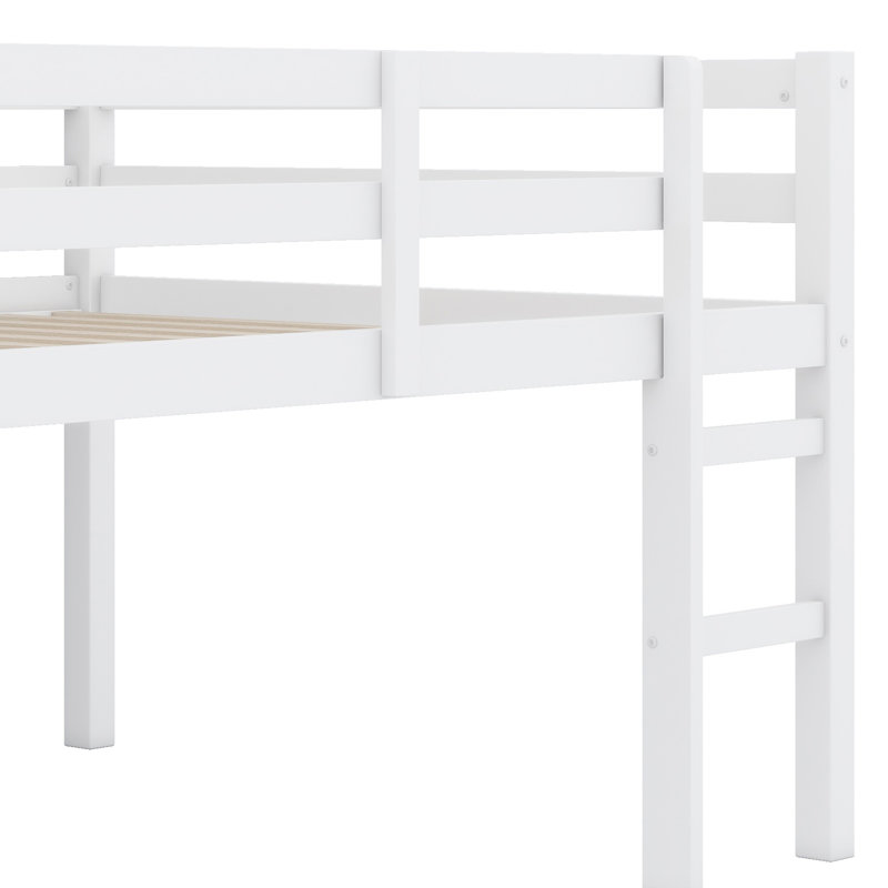 Structure de lit en bois massif avec échelle, support en lattes de bois, Blanc