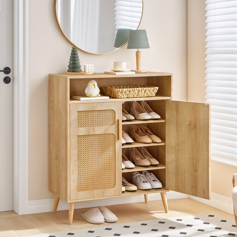 Armoire à chaussures en rotin naturel, armoire à chaussures avec tablettes réglables