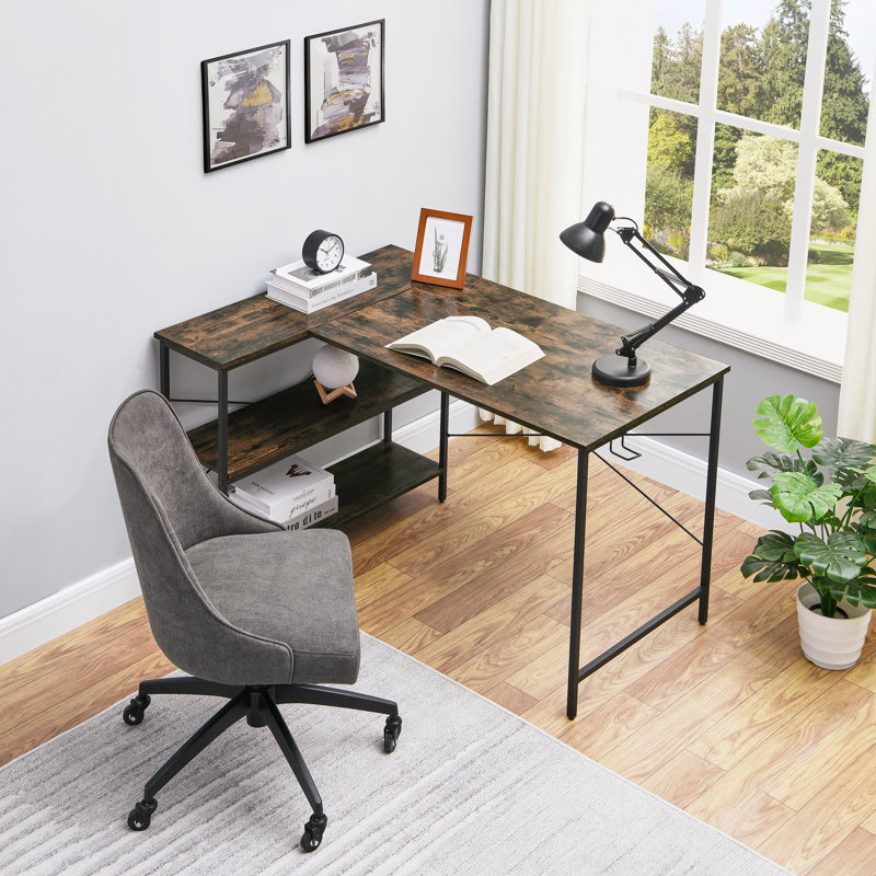 Brigitte L-Shaped Metal Base Writing Desk, Brown