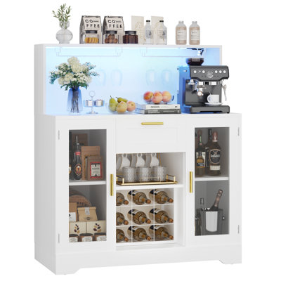 Bar Cabinet With LED Light And Wine Rack, Coffee Bar Cabinets With Drawer And Glass Holder, Sideboard Table With Storage Shelves by Wrought Studio